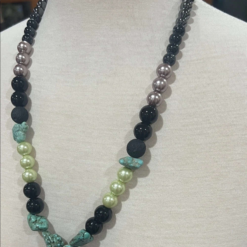 22in Artisan Turquoise and Black Hematite Obsidian Beaded Necklace